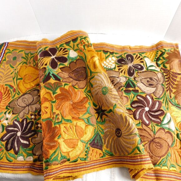 Floral Silk Embroidered Table Runner, Gold Brown Fall Autumn Fringe 90"x17" - Picture 2 of 12